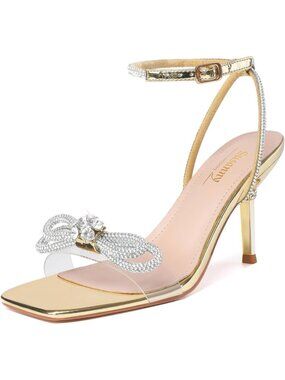Women's Gold Closed Toe Rhinestone Low Slingback Shoes Kitten Heels